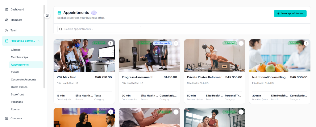 Livwell appointments catalogue with services, prices and providers
