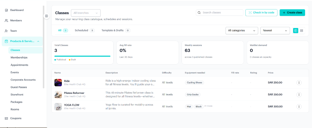 Livwell class booking product screen