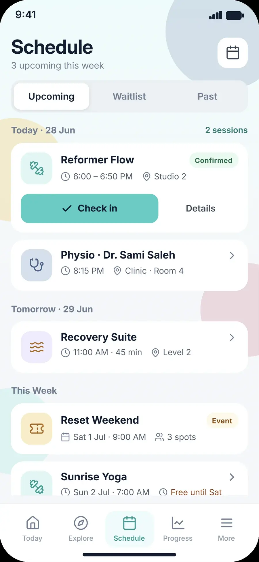 Livwell branded client app showing a member's schedule for today