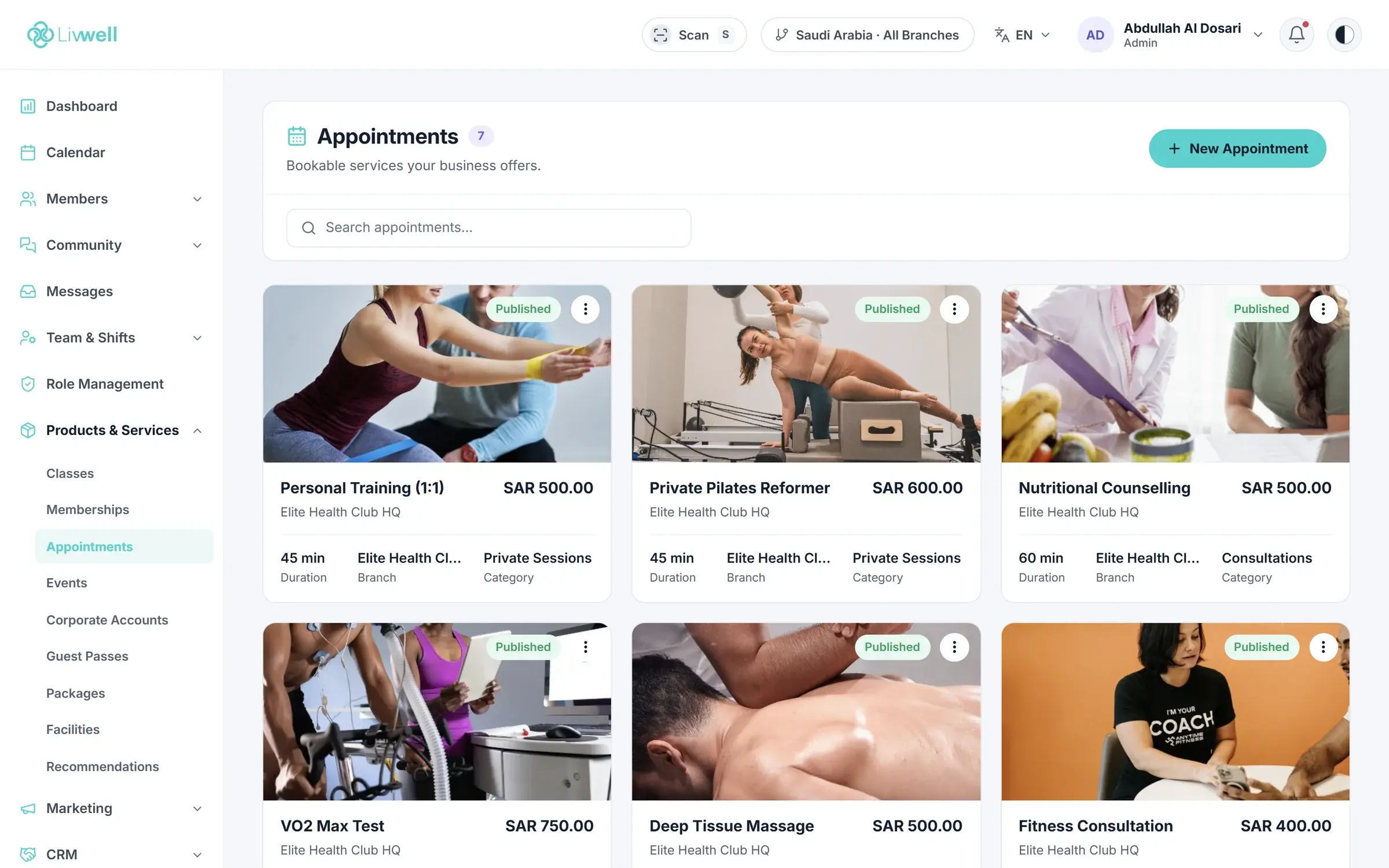 Livwell appointments catalogue with services, prices and providers