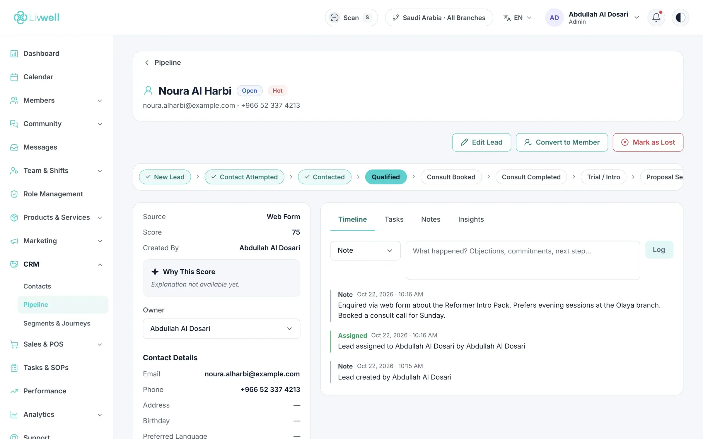 Lead record in Livwell with score, owner and next action
