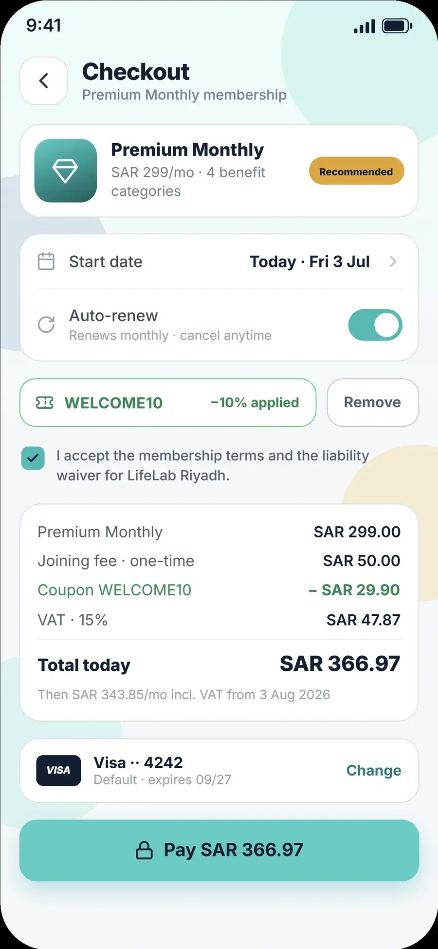Membership checkout in the branded client app