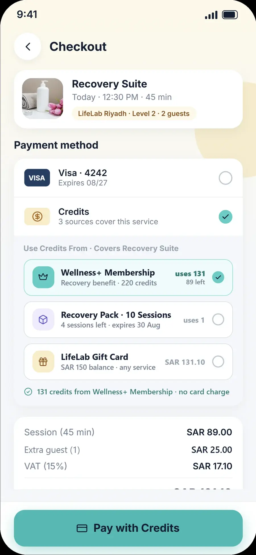 Booking checkout that applies credits from the client’s membership