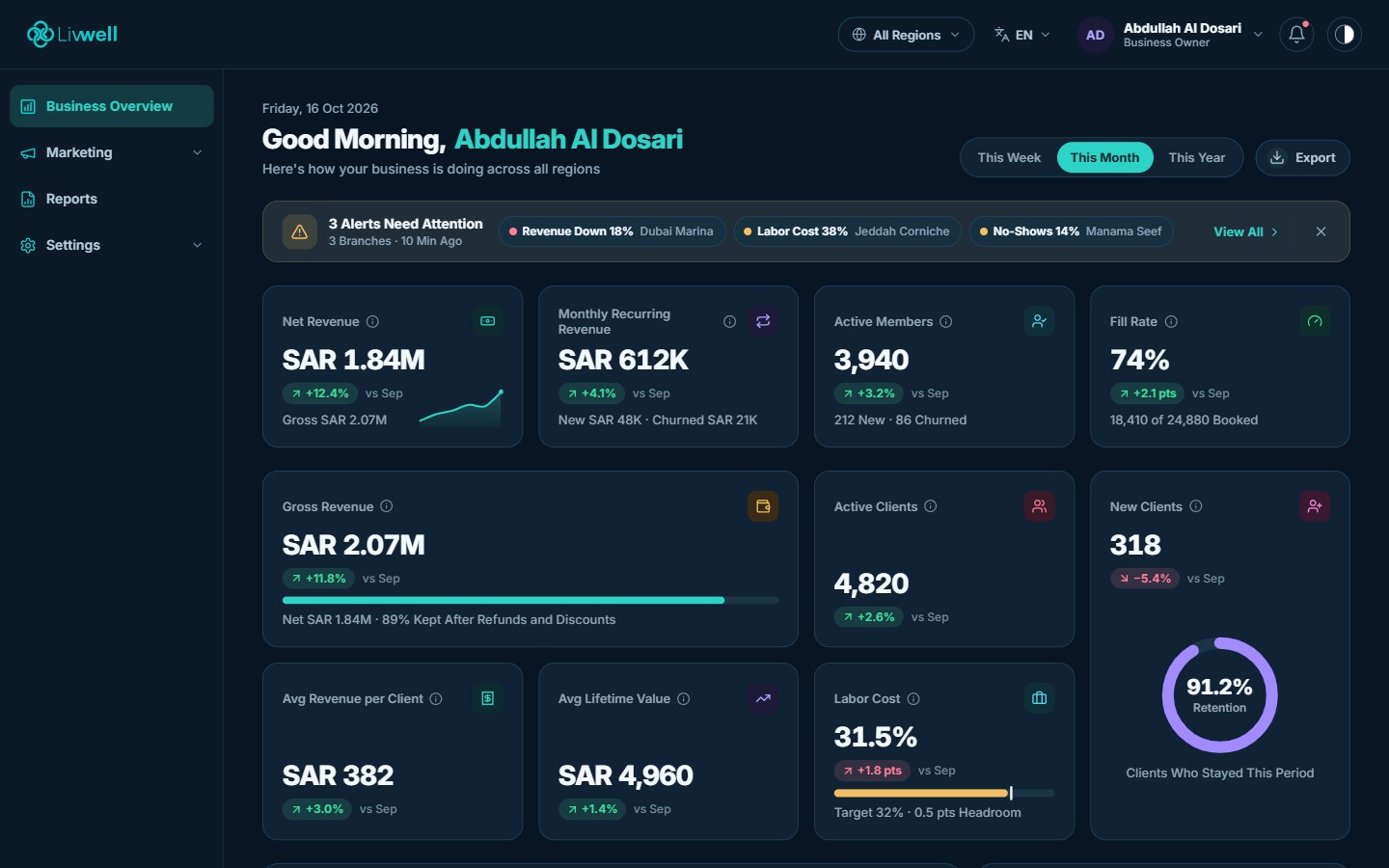 Business Dashboard with revenue, members and alerts by region
