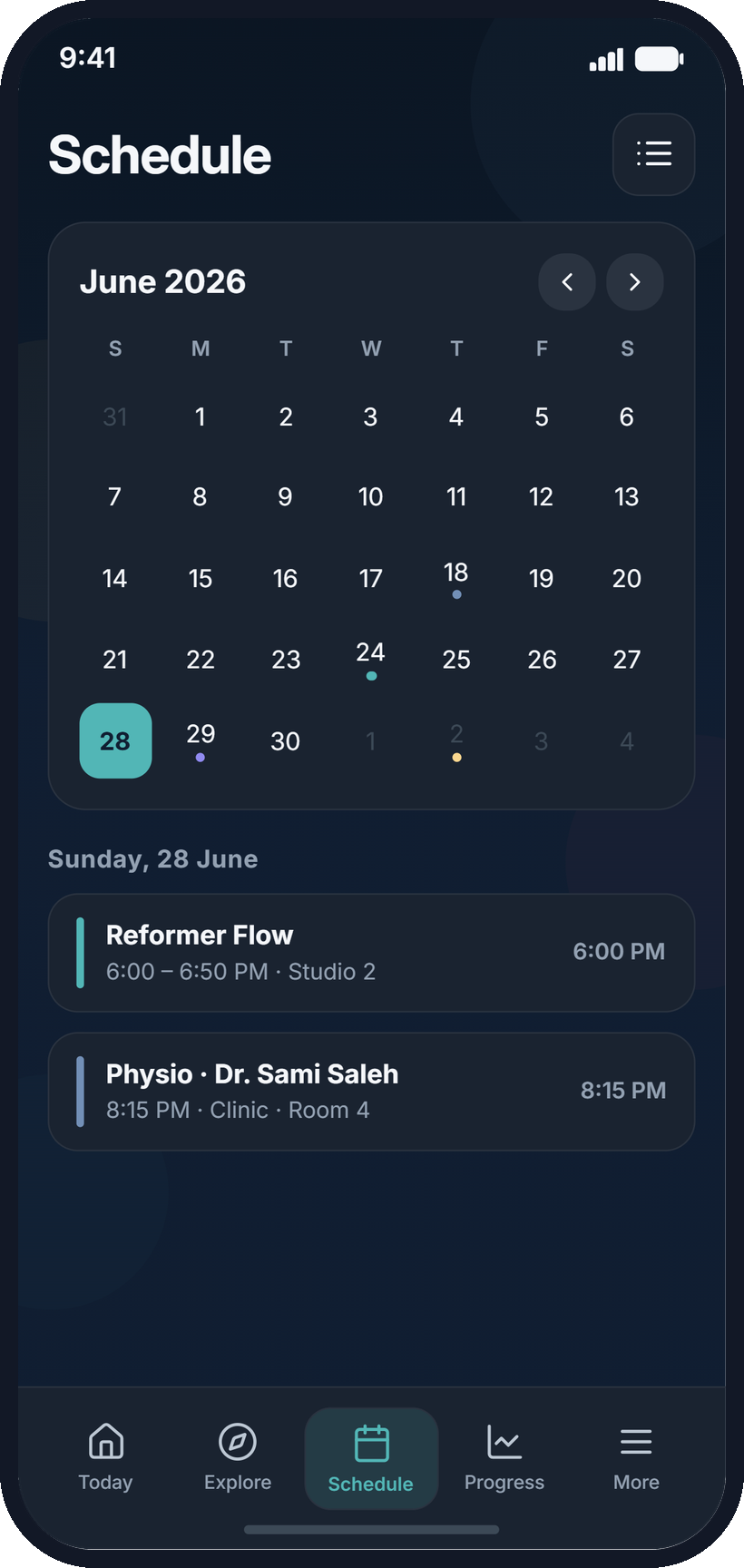 Branded client app bookings calendar