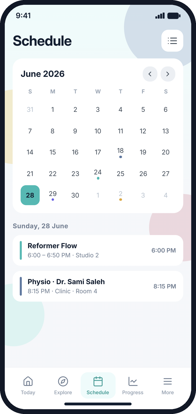 Branded client app bookings calendar