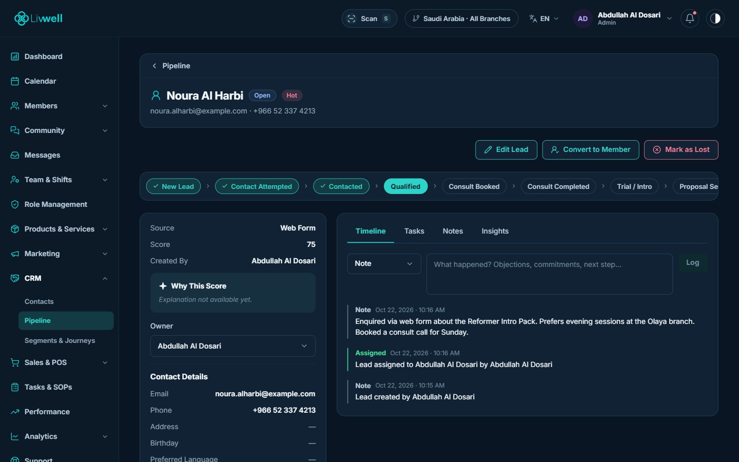 Lead record with source, owner, pipeline stage and timeline