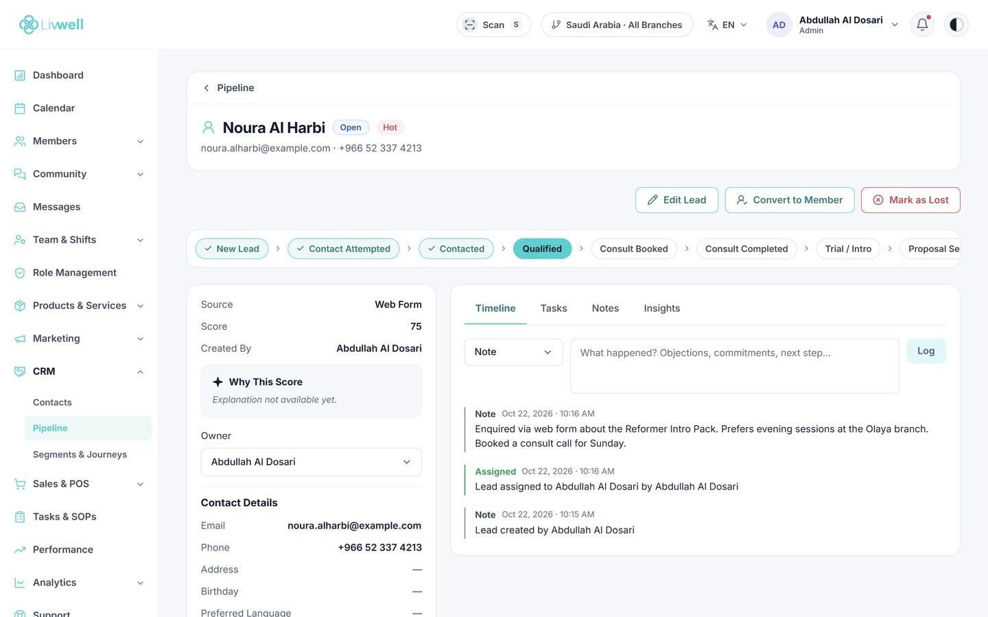 Lead record with source, owner, pipeline stage and timeline