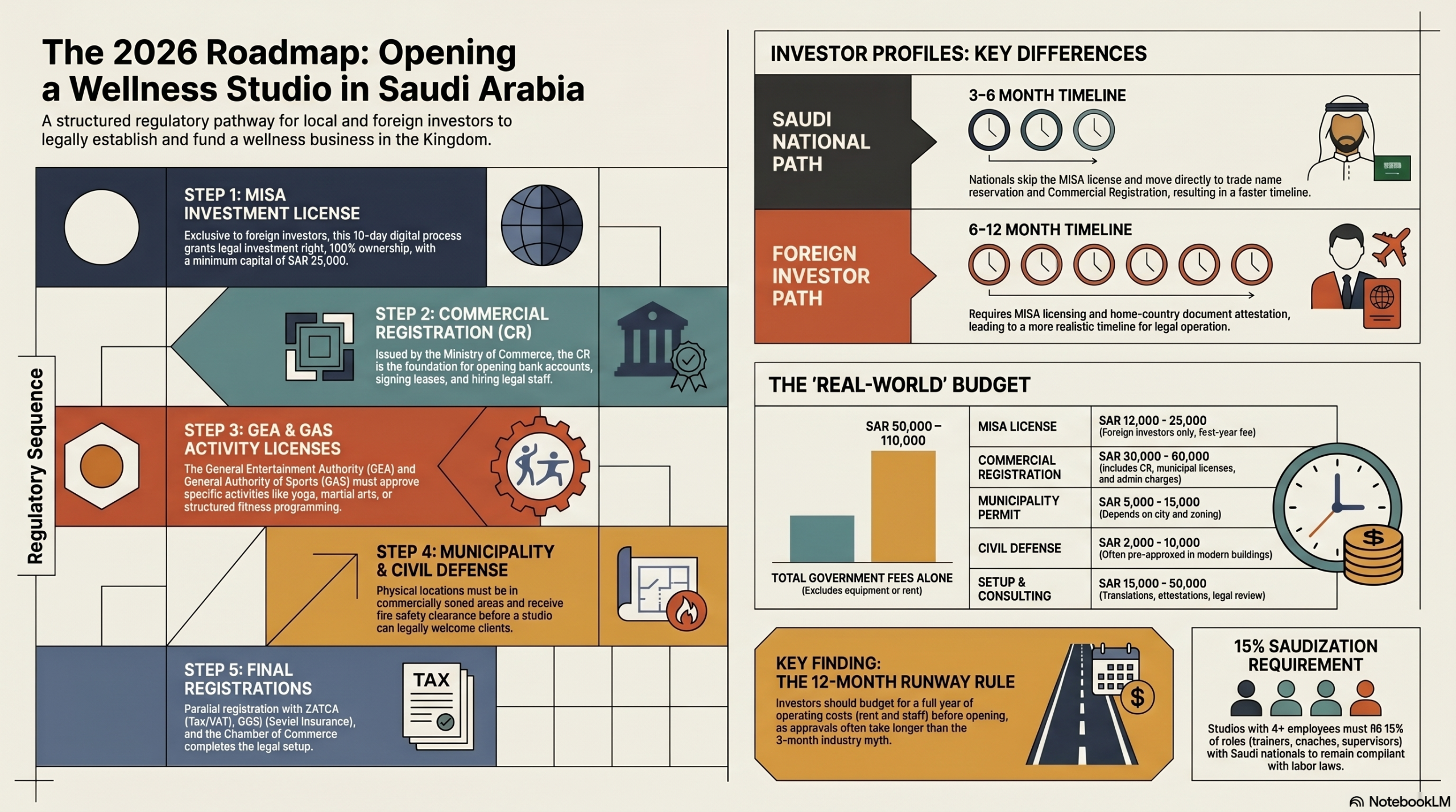 The 2026 roadmap for opening a wellness studio in Saudi Arabia — phases from entity establishment to final registrations with financial reality check